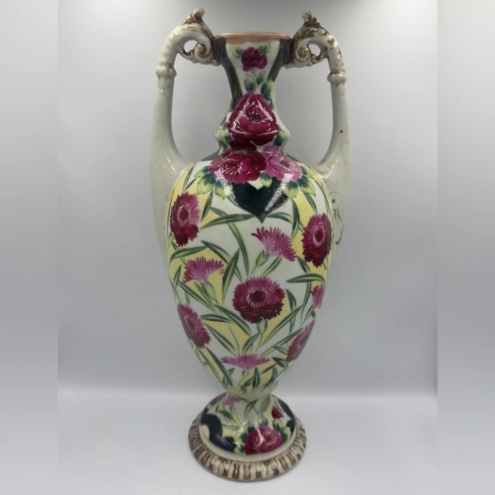 Vintage Amphora Shaped Nippon Style Porcelain Vase Hand-painted Moriage.